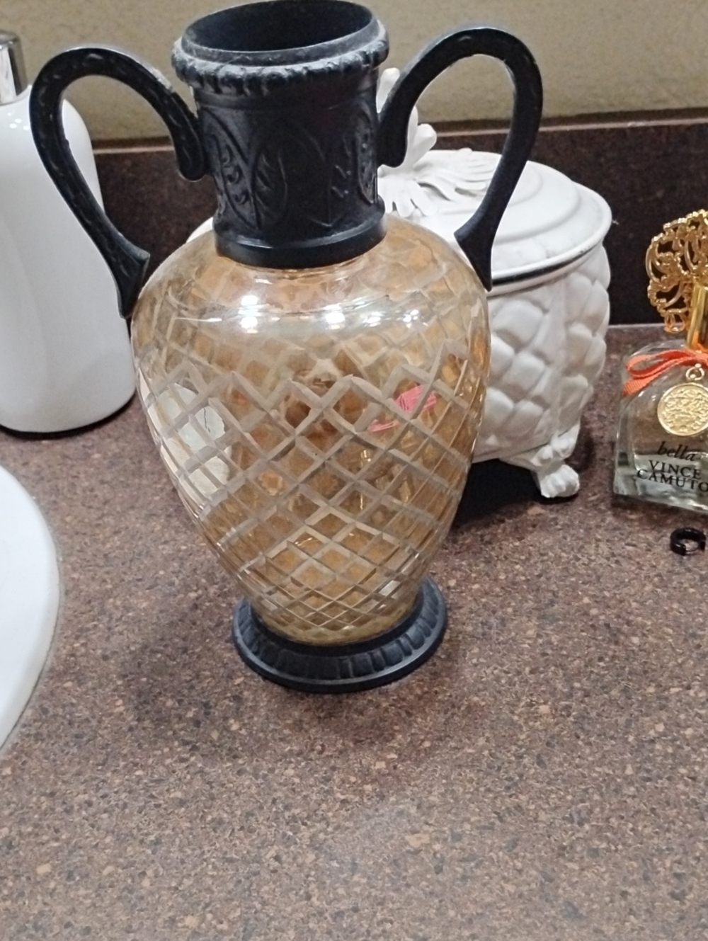 Decorative Amber Glass and Grey Metal Two-Handled Vase
